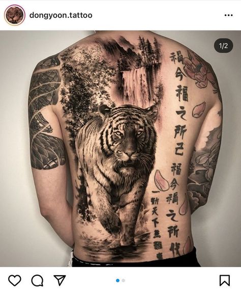 Tiger Back Tattoo Men, Tiger Tattoo Back, Tiger Back Tattoo, Samurai Back Tattoo, Tigre Y Dragon, Tiger Face Tattoo, Kali Tattoo, Tattoo Font For Men, Piece Tattoo