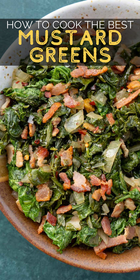 These Mustard Greens with Bacon make the best quick, healthy side dish! Learn how to cook mustard greens perfectly with this low-carb recipe and step-by-step guide. Griddle Breakfast, Greens With Bacon, Greens Recipe Soul Food, Southern Collard Greens, Southern Potato Salad, Collard Greens Recipe, Southern Cooking Recipes, Collard Green, Veggie Recipe