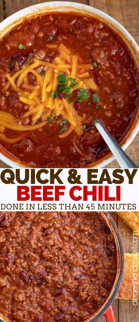 Classic Beef Chili is a ONE POT classic comfort food made with ground beef, kidney beans, crushed tomatoes, and spices, ready in under 45 minutes! #groundbeef #chili #tailgating #gameday #superbowl #soup #partyfood #stovetop #classic #hearty #dinnerthendessert Easy Beef Chili, Beef Chili Recipes, Chili Recipe Stovetop, Stovetop Chili, Chili Dinner, Homemade Chili Recipe, Beef Kidney, Ground Beef Chili, Beef Chili Recipe