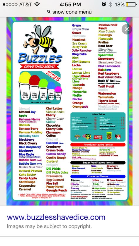 Menu Snow Cone Menu Board, Snow Cone Menu Ideas, Snowcone Stand Ideas, Snow Cone Food Truck, Snow Cone Stand Ideas Food Truck, Snowcone Trailer Ideas, Snow Cone Flavors, Snow Cone Business, Sno Cone Syrup Recipe