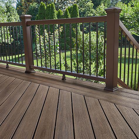 Porch Trex Decking, Brown Trex Deck With Black Railing, Trex Colors Deck, Black Trex Deck, Trex Woodland Brown Deck, Trex Deck Coastal Bluff, Composite Deck With Wood Railing, Brown Deck Decorating Ideas, Trex Saddle Deck