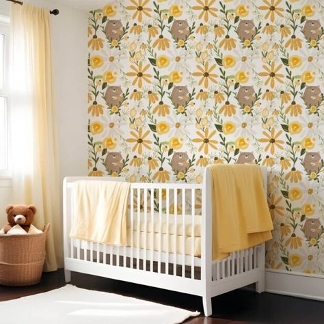 CUTE BEAR & SWEET HONEY BEE YELLOW WILDFLOWER WALLPAPER Wildflower Wallpaper, Wildflower Pattern, Yellow Wildflowers, Honey Bees, Whimsical Design, Decor Essentials, Cute Bear, Perfect Rug, Free Birthday Stuff