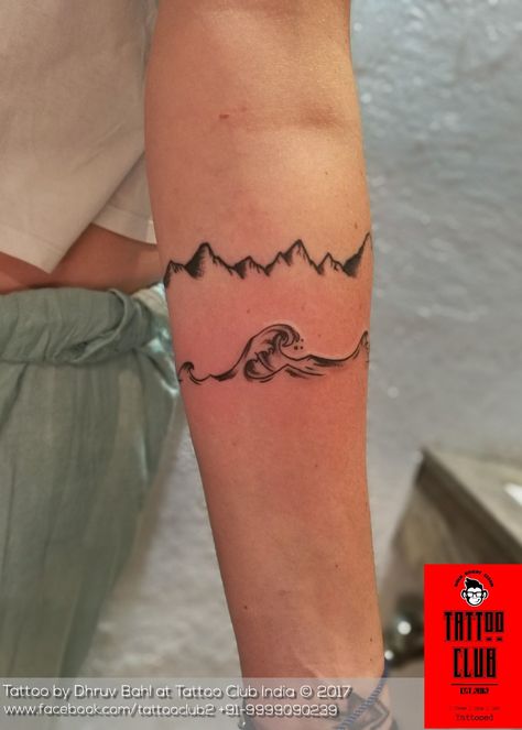 Waves Around Arm Tattoo, Wave Cuff Tattoo, Wave Tattoo Black And White, Wave Band Tattoo, Waves And Mountains Tattoo, Wave Armband Tattoo, Mountain And Beach Tattoo, Wave Tattoo Men, Cool Nature Tattoos