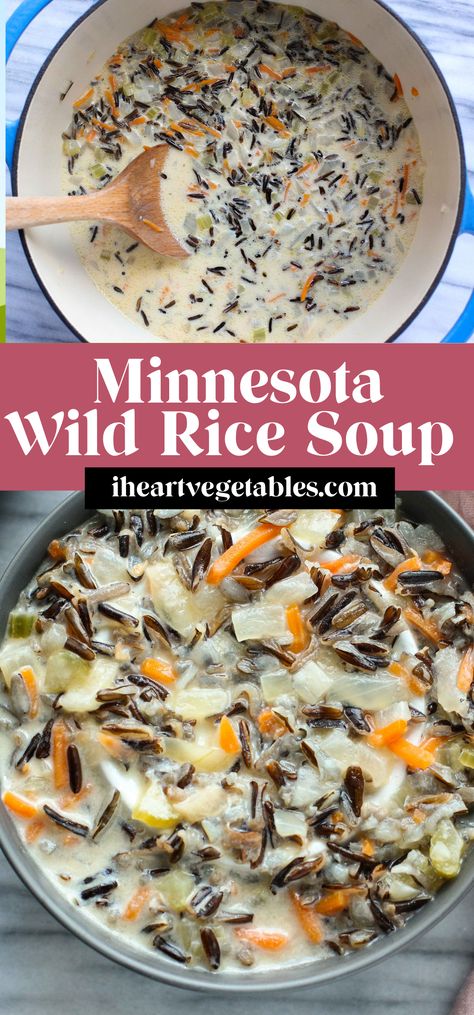 This Minnesota Wild Rice Soup is creamy and delicious with a rich broth and hearty wild rice. This meatless meal is perfect for a chilly winter evening! Minnesota Wild Rice Soup, Minnesota Wild Rice, Wild Rice Soup Recipes, Wild Rice Recipes, Chicken Wild Rice Soup, Rice Soup Recipes, Chicken And Wild Rice, Wild Rice Soup, Delicious Soup Recipes