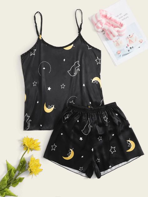 Sleep Clothes For Women, Space Pajamas, Cartoon Galaxy, Pjs For Women, Women Home Wear, Moon Graphic, Cute Sleepwear, Cute Pajama Sets, Pajama Outfits