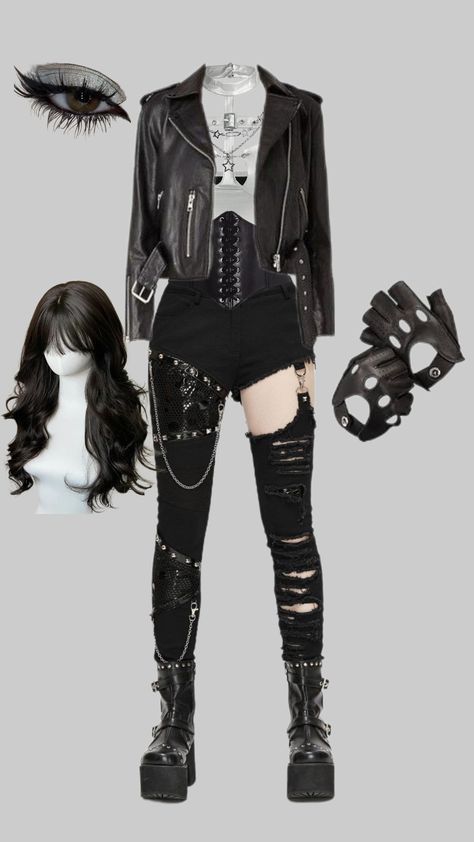 Girly Punk Rock Aesthetic, Goth Wrestling Gear, Biker Fit Women, Girly Biker Outfits, Dark Cyberpunk Outfit, Rockstar Women Outfits, Punk Witch Outfit, Rockstar Black Women, Rockstar Stage Outfit