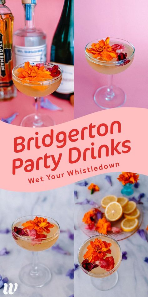 How to Make a Bubbly Bridgerton Cocktail. As sweet and tart as Lady Whistledown herself, this fizzy, floral cocktail will be the buzz of the town. Pinkies up! Plan the food and drinks for your Bridgerton British Party and start by making these cute Cocktails. Whimsy Soul. Bridgerton Cocktail, Cute Cocktails, British Party, Lady Whistledown, Bridgerton Inspired, High Tea Party, Tea Party Theme, Tea Party Food, Themed Drinks