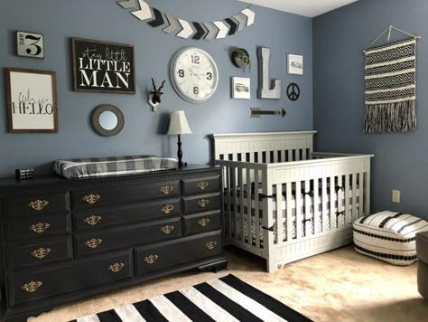 rustic black white and steel blue nursery with gallery wall Black And Navy Nursery, Crib And Dresser On Same Wall, Steel Blue Room, Male Nursery, Boy Nursery Ideas Themes, Boy Nursey, Baby Boy Nursery Diy, Boy Nursery Colors, Black White Nursery