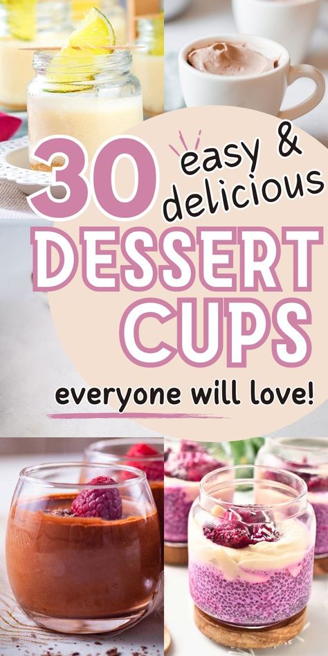 collage of easy desserts in a cup to serve as party desserts or dinner party desserts. Small Parfait Cups, Tiramisu Pudding Cups, Diy Mini Desserts, Foods In A Cup, Mini Dessert Cups Recipes, Dessert Cup Ideas, Desert Cups Ideas, Easy Parfait Recipes, Desserts In Cups