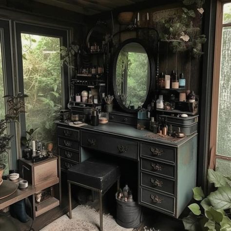 Dark Cottagecore Vanity Dressing Area Witchy House, Walnut Kitchen, White Counters, Concept Kitchen, Dark Home Decor, Goth Home Decor, Dark Home, Room Deco, Dark Cabinets