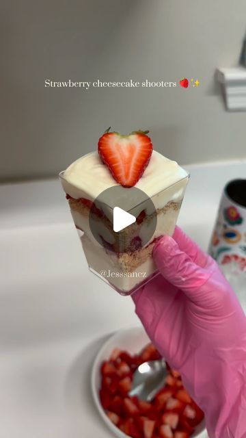 Shooters Desserts Recipes, How To Make Shooter Desserts, Cream Cheese Shooters, Strawberry Shortcake Shooters Recipe, Strawberry Cake Shooters, Shooters Recipes Dessert, Cheesecake Shots Mini Desserts, Diy Dessert Shooters, Tres Leches Cake Shooters