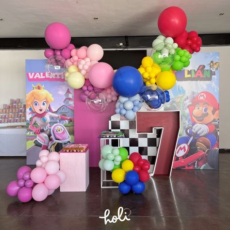 Super Mario And Peach Birthday Party, Peaches And Mario Birthday, Princess Peach Balloon Arch, Peaches Party Theme Mario, Mario And Peach Party, Princess Peach And Mario Birthday Party, Super Mario And Princess Peach Party, Mario Peach Birthday Party, Mario And Peach Birthday Party