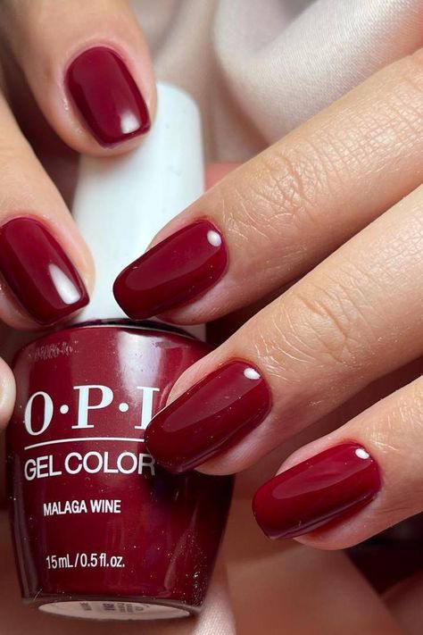 Opi Dark Red Nail Polish Gel, Perfect Red Nail Polish, Red Nails Colors Shades, Opi Deep Red Nail Polish, Dark Red Shellac Nails, Cherry Red Nails On Brown Skin, Malaga Wine Opi Gel, Opi Malaga Wine Gel, Complementary Wine Opi