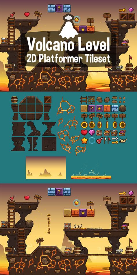 olcano Level 2D Platformer Tileset is a high-quality set designed to create levels 2d Platformer Tileset, 2d Level Design, Level Design 2d, Platform Game Design, 2d Platformer Level Design, Platformer Tileset, 2d Platformer, Platformer Game, Game Level Design