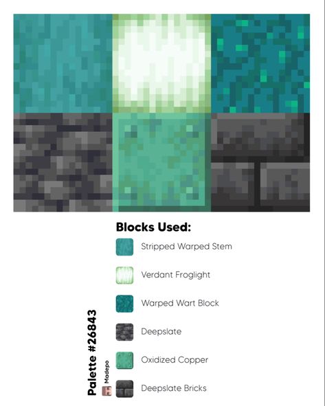 Medieval Color Palette Minecraft, Warped Minecraft Builds, Minecraft Nature Bedroom Ideas, Minecraft Block Palette Quartz, Acacia Block Pallet Minecraft, Block Palets Minecraft, Warped Wood Pallet Minecraft, Minecraft Block Pallets Castle, Minecraft Castle Palette