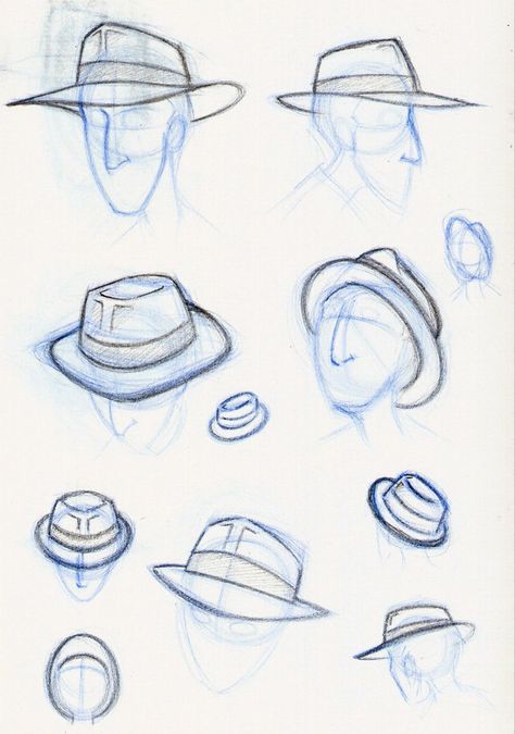 Fedora Hat Drawing Reference, Fedora Drawing Reference, Detective Hat Drawing, Fedora Reference, How To Draw A Hat On A Head, Fedora Hat Drawing, Cap Drawing Reference, Hat Perspective, Fedora Drawing