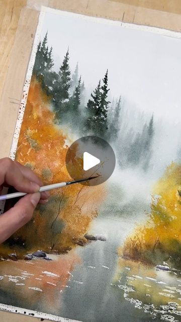 Sable on Instagram: "Watch this scene come to life 🍁  #watercolor #fall #autumn #watercolorlandscape" Watercolor Mountain Landscape Tutorial, Watercolor Texture Techniques, Watercolour Inspiration Landscape, Autumn Watercolor Landscapes, Fall Tree Drawing, Watercolor Fall Paintings, Autumn Watercolor Paintings, Watercolor Fall Landscape, Fall Watercolor Paintings