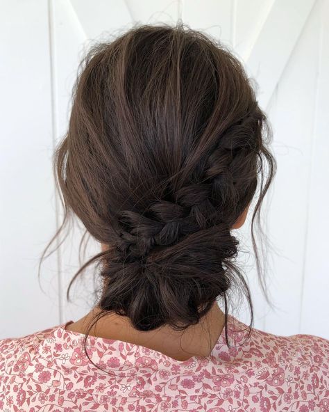 Save Time And Look Chic With These 23 Easy Updos For Medium Hair Wedding Hairstyles And Makeup, Low Bun Braid, Low Bun Wedding Hair, French Braid Updo, Easy Updos For Medium Hair, Messy Bun With Braid, Braid Updo, Low Updo, Loose Updo