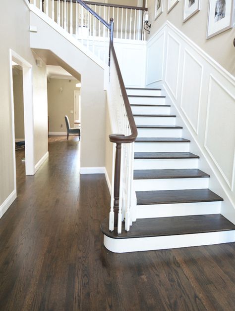 Jacobean Wood Floors, Jacobean Floors Living Room, Dark Floor Stain, Jacobean On White Oak, Jacobean Floors, Dark Hardwood Floors Living Room, Stairs White, Oak Floor Stains, Rustic Hardwood Floors