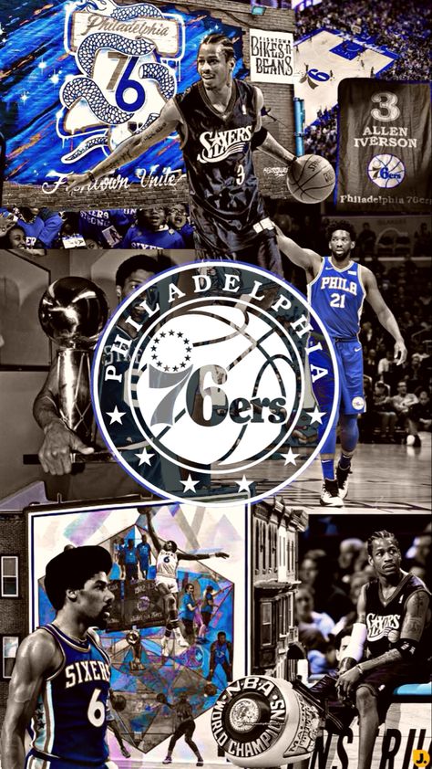 #nba #nbaplayers #philadelphia #76ers #philadelphia76ers #embiid #iverson #background #wallpaper #collage #aestheticedits Enamel Pin Collection, Wallpaper Collage, Philadelphia 76ers, Nba Teams, Nba Players, The Challenge, Philadelphia, Nba, Basketball