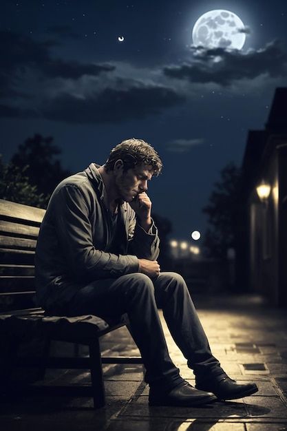 A broken hearted man sitting out side in pensive thought on a dim and gloomy night with the moon in the sky Gloomy Night, Moon In The Sky, Lonely Man, Album Artwork Cover Art, Love Failure, Broken Hearted, Broken Window, Night Moon, Ending A Relationship