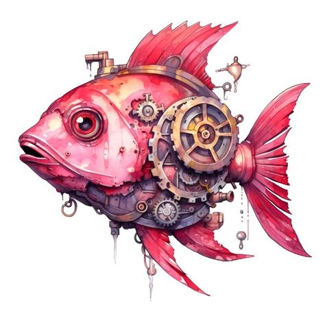 Rose Steampunk Fish Mechanisms - DME.ARTS Croquis, Steampunk Skull Art, Mechanical Animals Art, Steam Punk Animals, Mechanical Animals Drawing, Steampunk Animals Drawing, Steampunk Whale, Steam Punk Drawing, Steampunk Art Characters