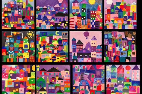 Twelve examples of 3rd grade students' cityscape mosaics inspired by Paul Klee Paul Klee Cityscape Art Lesson, Paul Klee Cityscape, Paul Klee Art Lesson, Paul Klee Art Projects For Kids, Art Lessons For Elementary Students, Grade 5 Art Projects, Collage Cityscape, Grade 3 Art, Kindergarten Collage