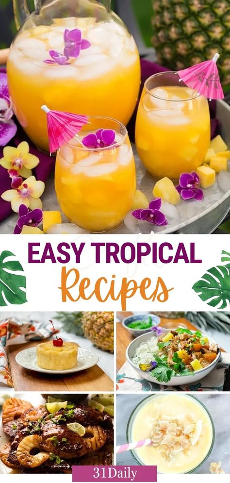 Get a taste of paradise with these tropical recipes that brighten and enhance spring and summer! You will feel like you're on vacation every day! So, light the tiki torches, create those tropical summer vibes and plan a luau. Or simply enjoy these colorful, delicious paradise-inspired foods, from weeknight dinner recipes, dessert recipes and party food! Tropical Catering Ideas, Tropical Christmas Dinner, Tropical Menu Ideas, Tropical Party Appetizers, Tropical Dinner Recipes, Tropical Theme Party Food, Island Party Food, Luau Party Food Appetizers, Tropical Food Ideas