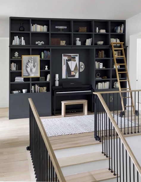 Bookshelf With Ladder, Library Landing, Piano Rooms, Room Panel, California Room, Upstairs Landing, Hill Interiors, Property Design, Malmo