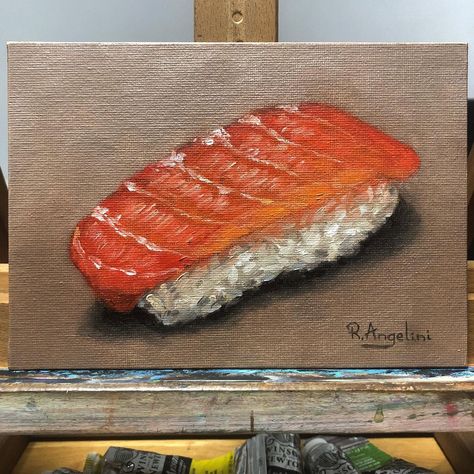 Sushi Oil Painting, Salmon Painting, Sushi Painting, Nigiri Sushi, Salmon Sushi, Sushi Art, Gcse Art, Canvas Board, Oil On Canvas