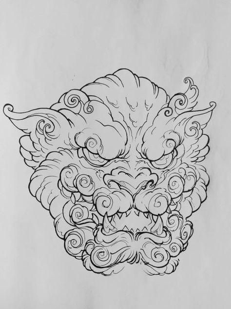 Vietnamese Lion Tattoo, Oni Dragon Tattoo, Animal Inspired Tattoos, Traditional Chinese Art Tattoo, Tattoo Prints Design, Foo Dog Sketch, Fu Dog Drawing, Komainu Art, Foo Dog Tattoo Design Ideas