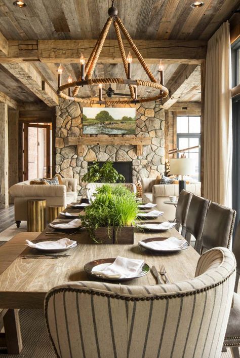 Rustic Lake House - Martha OHara Interiors - chandelier fro Currey and Co. Modern Classic Interior Design, Rustic Chandeliers, Rustic Lake Houses, Modern Classic Interior, Country Dining Rooms, Classic Interior Design, Rustic Dining Room, Rustic Home Design, Home Fireplace