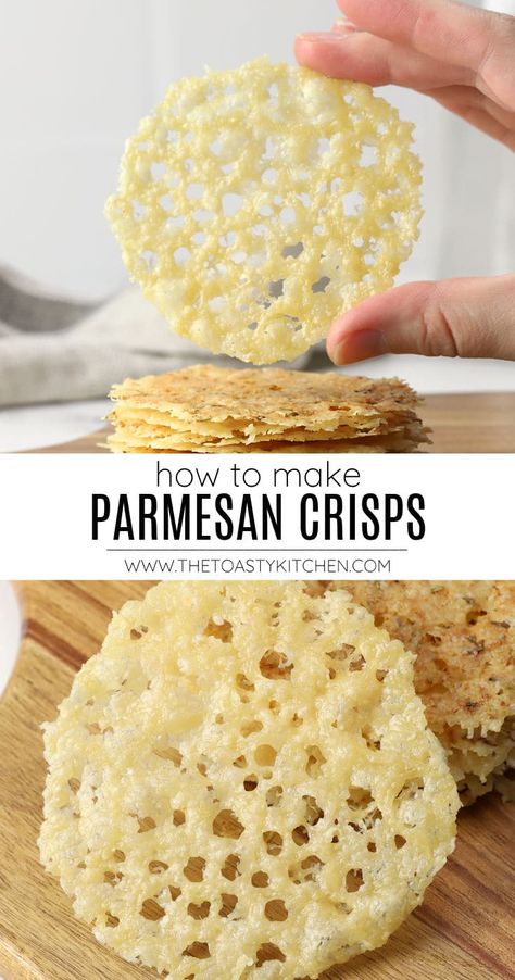 Parmesan crisps recipe by The Toasty Kitchen. Parmesan crisps are delicate, crispy discs made out of parmesan cheese. They're the perfect garnish for a bowl of soup or a side salad. Believe it or not, you only need one ingredient to get started - fresh grated parmesan cheese! #parmesancrisps #howtomakeparmesancrisps #parmesan #crisps #garnish #topping #recipe Cheese Crisps Baked, Parmesan Crisps Recipe, Best Appetizers Ever, Parmesan Crackers, Parmesan Cheese Crisps, Recipes With Parmesan Cheese, Blender Food, Cream Cheese Appetizer, Parmesan Chips