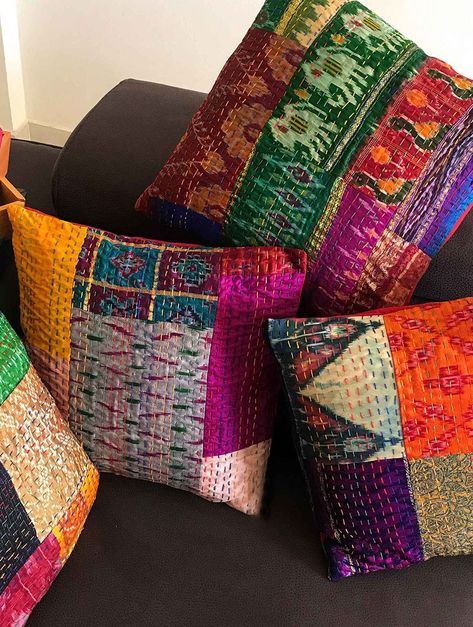 Kantha Pillow Covers, Silk Patchwork, Bohemian Throw Pillows, Kantha Cushions, Round Floor Pillow, Couch Cushion Covers, Silk Cushions Covers, Handmade Cushion Covers, Cushion Cover Designs