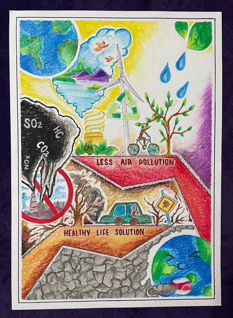 Earth Pollution Poster, Industrial Pollution Poster, Healthy Earth Drawing, Poster About Water Pollution, Pollution Ways To Tackle It Poster, Air Pollution Art Drawings, Painting On Pollution, Water And Air Pollution Drawing, Poster On Environmental Pollution