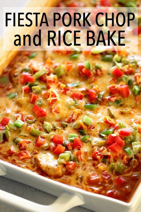 Mexican Pork Chops and Rice Bake | Six Sisters' Stuff Mexican Pork Chops and Rice all baked together in one pan - dinner can not get any easier! This dish is flavorful and comes together in a matter of minutes, making it a perfect pork chop recipe in our book. #onepan #mexican Pork Chop And Rice, Mexican Pork Chops, Rice Bake Recipes, Oven Pork Chops, Pork Chops And Rice, Pork Chop Recipes Crockpot, Mexican Pork, Rice Bake, Easy Pork Chops