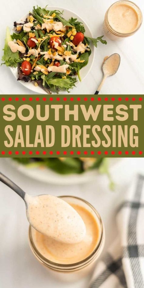 Southwest Salad Dressing Recipe - Eating on a Dime Southwest Salad Dressing Recipe, Southwest Salad Dressing, Mexican Salad Dressings, Southwest Salad Recipe, Southwest Dressing, Healthy Dressing Recipes, Taco Salad Dressing, Southwestern Salad, Southwest Salad