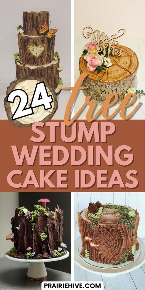 Discover 22 beautiful tree stump wedding cake ideas that will add a rustic touch to your special day. From simple designs to intricate details, these cakes are perfect for a woodland or outdoor themed wedding. #weddingcake #rusticwedding #woodlandwedding #weddinginspiration Tree Trunk Cake Ideas, Rustic Wedding Cake Designs, Tree Stump Cake Ideas, Tree Stump Wedding Cake, Wood Cake Design, Forest Wedding Cake Ideas, Whimsical Cake Ideas, Tree Wedding Cakes, Nature Cake Ideas