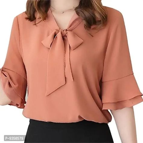 Women top outfits #womenfashion #womenoutfits #womendress Short Sleeve Blouses, Women Chiffon Blouse, Chiffon Blouses, Fancy Tops, Fashion Tops Blouse, Orange Blouse, Ladies Short, Tie Bow, Chiffon Shirt