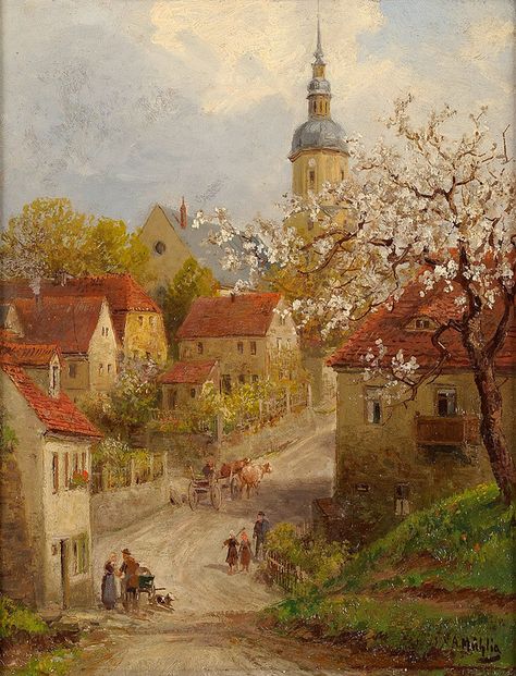 Albert Ernst Mühlig - Spring in the Village Village Drawing, Fantasy Village, Countryside Paintings, Pintura Exterior, Japanese Art Prints, 19th Century Art, Cottage Art, French Cottage, Classic Paintings