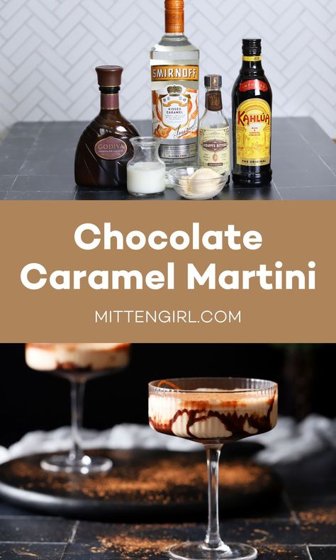 Chocolate martinis are a cocktail twist on a chocolate milkshake. In this chocolate caramel martini, caramel vodka, Godiva liqueur, and vanilla ice cream combine for a decadent and creamy dessert drink. Chocolate Martini Recipe Vodka, Godiva Martini, Caramel Cocktail, Chocolate Martinis, White Chocolate Martini, Caramel Martini, Chocolate Martini Recipe, Martini Recipes Vodka, Caramel Vodka