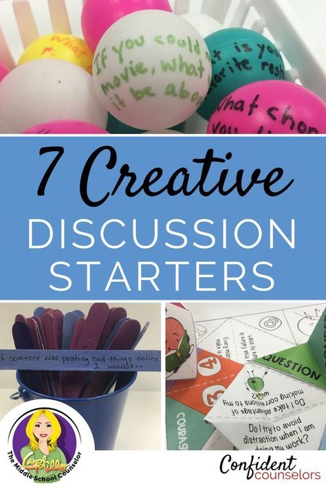 7 Creative Discussion Starters for School Counseling Engage students in group counseling activities with discussion starters. Use materials you already have to get students talking and participating in group counseling sessions. https://confidentcounselors.com/2018/05/21/creative-school-counseling-discussion-starters/?utm_campaign=coschedule&utm_source=pinterest&utm_medium=Confident%20Counselors&utm_content=7%20Creative%20Discussion%20Starters%20for%20School%20Counseling Starter Ideas, Group Counseling Activities, Middle School Counselor, School Counseling Office, School Counseling Activities, High School Counselor, High School Counseling, Middle School Counseling, School Counseling Lessons