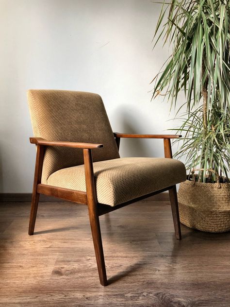 This armchair from 1960's has been completely restored. All the insides were replaced, foams, inner linen, support belts, upholstery. Wooden parts has been sanded and coated in varnish. Approx dimensions:  height: 76cm  width: 60cm depth: 70cm Delivery price given is for London only. Delivery outside London - please ask for a quote before purchasing. Pretty Office, Bed Steps, Wooden Armchair, Honey Yellow, Danish Style, Leather Loveseat, Types Of Furniture, Velvet Armchair, Mid Century Danish