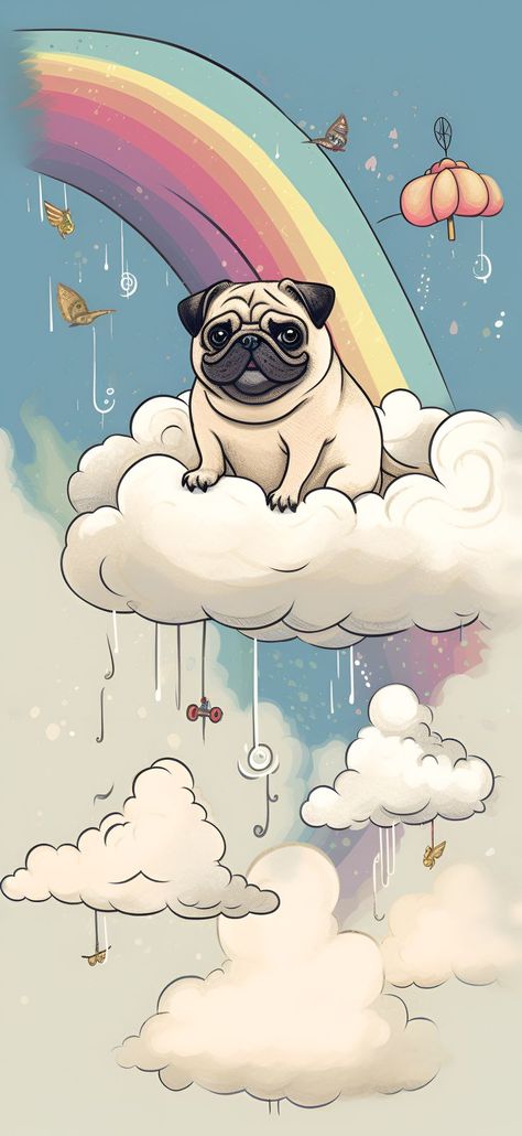 Happy pug sitting on a cloud in front of a rainbow in an AI-generated phone wallpaper, inspiring joy for iPhone & Android Cute Pugs Wallpapers, Uplifting Wallpaper, Pug Wallpaper, Happy Pug, Phone Wallpaper Iphone, Iphone 6 Wallpaper, Wallpaper For Iphone, Cute Pugs, Pug Lover