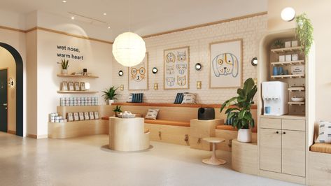 Animal Clinic Interior Design, Dog Retail Store, Dog Cafe Design, Ivy Aesthetic, Vet Office Decor, Pet Store Design, Pet Store Ideas, Pet Cafe, Pet Grooming Salon