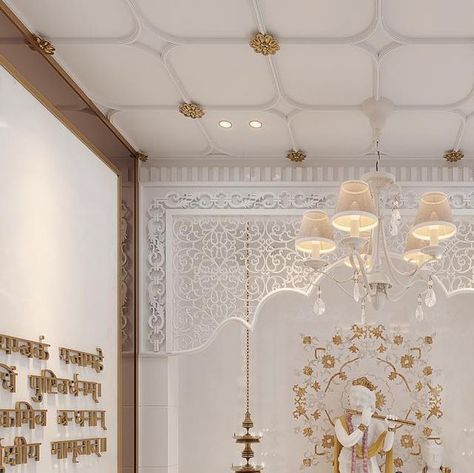 Casa Interno by Sonakshi on Instagram: "“There is sacredness in silence and, temples are the perfect place  to experience it. “

Designed by @casa_interno 

#luxury #mandir #mandirdesign #puja #temple #pujaroom #elegantinteriors #interior #details #marble" Luxury Puja Room, Puja Room Ceiling Design, Mandir Ceiling Design, Pooja Room Ceiling Designs, Luxury Mandir, Luxury Mandir Design, Mandir Design, Puja Room, Pooja Room