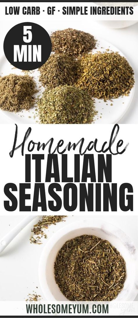 How To Make Italian Seasoning Mix: Ingredients + Recipe | Learn how to make EASY Italian seasoning mix with just 6 ingredients! This homemade Italian seasoning recipe adds flavor to so many dishes! #wholesomeyum #glutenfree #Italianfood Make Italian Seasoning, Italian Seasoning Mix, Italian Seasoning Recipe, Homemade Italian Seasoning, Mediterranean Salad Recipe, Spice Mix Recipes, Diy Spices, Seasoning Recipe, Italian Spices