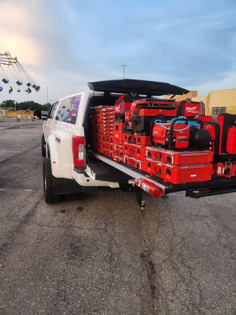 Truck Box Organization, Truck Bed Tool Organization, Milwaukee Pack Out Organization, Milwaukee Packout Ideas Truck, Milwaukee Packout Ideas Van, Truck Tool Box Organization, Milwaukee Tools Storage, Packout Storage Ideas, Truck Tool Storage