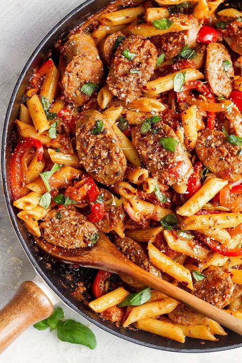 Sausage Pasta Skillet — A quick and easy skillet meal with incredible flavor, perfect for weeknight dinners with family. Sausage Pasta Skillet, Easy Skillet Dinner, Sausage Recipes For Dinner, Pasta Skillet, Smoked Sausage Recipes, Sausage Dinner, Sausage Pasta Recipes, Italian Sausage Pasta, Easy Skillet Meals