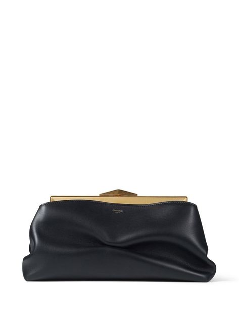 black lambskin gold-tone hardware logo stamp to the front detachable chain-link shoulder strap main compartment Jimmy Choo Bags Clutches, Family Bag, Jimmy Choo Clutch, Black Clutch Bags, Jimmy Choo Bag, Womens Designer Bags, Diamond Frame, Black Clutch, Leather Clutch Bags